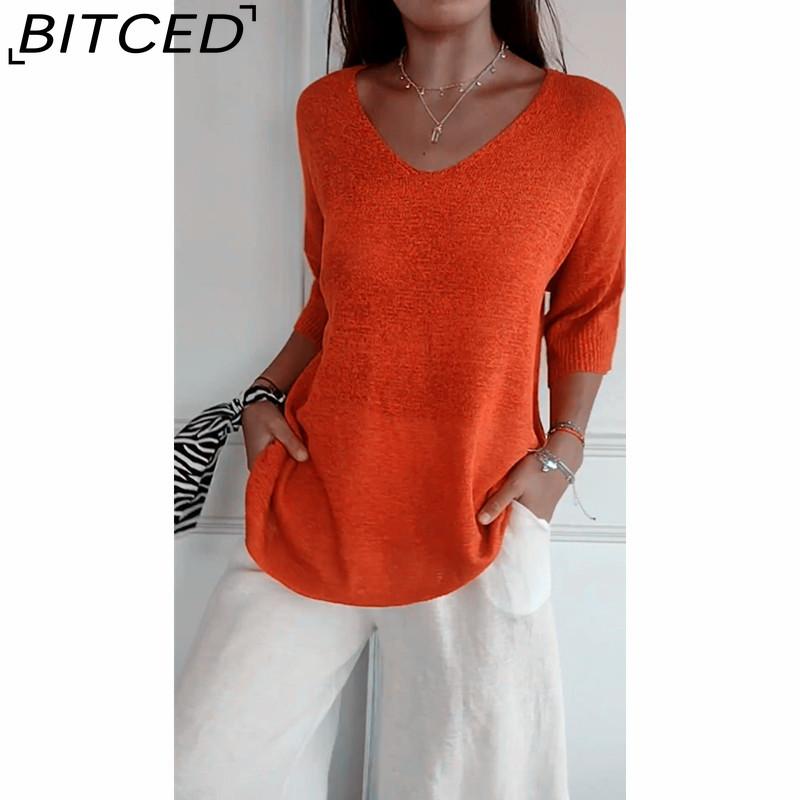 BITCED Strickpullover Lässiger Pullover Schlankmachender V-Ausschnitt 3/4-Ärmel Einfarbiges Strickoberteil Damen Basisschicht M