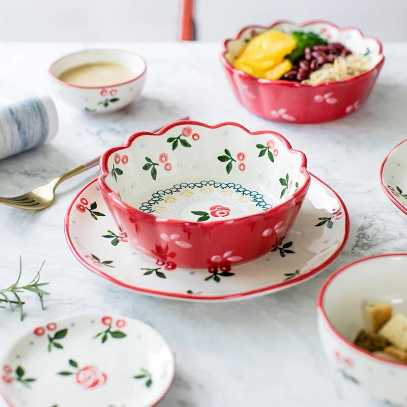1pc Red Cherry Design Bowl Ceramic Salad Bowl Pasta Oatmeal Bowl Pudding Backing Bowl Microwave Safe Dinnerware