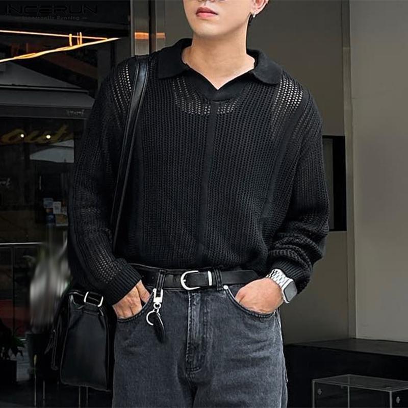 

INCERUN Мужские прозрачные рубашки с длинными рукавами, свободные топы с воротником