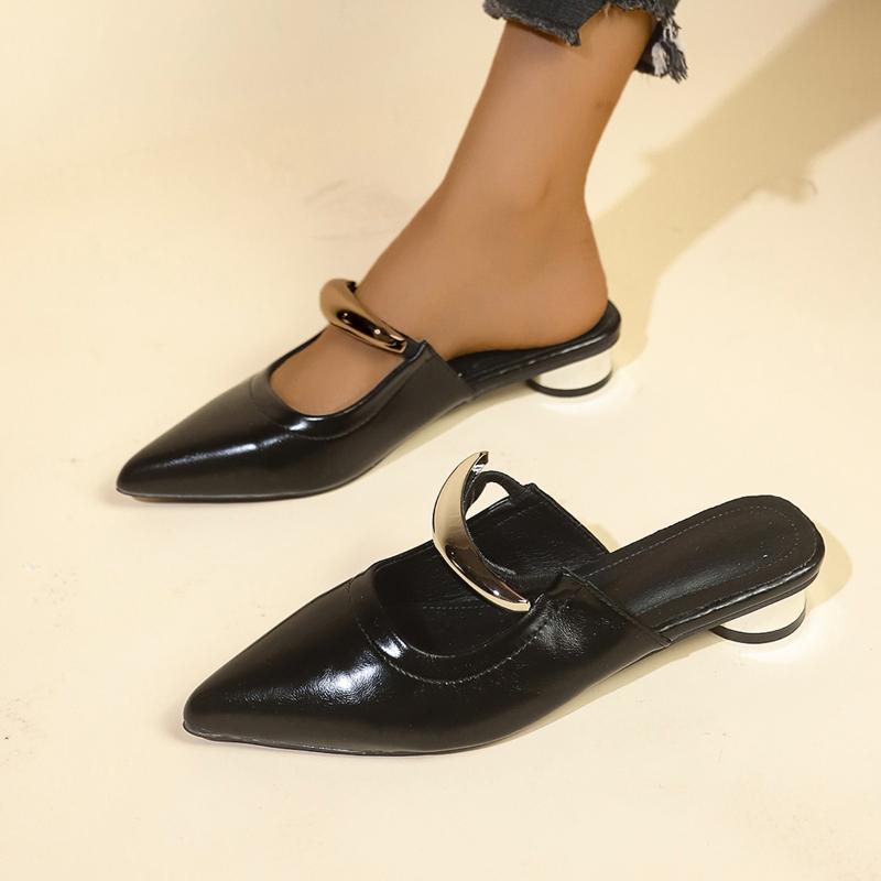Ladies' Slippers Luxury Slides New Designer Thin Heels Pointed Toe Med Female Shoes Low Shallow Mules for Women Fashion Bas