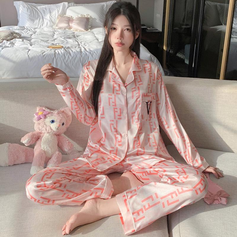 French Floral Ice Silk Long-Sleeve Ruffle Pajamas for Women - Spring & Autumn