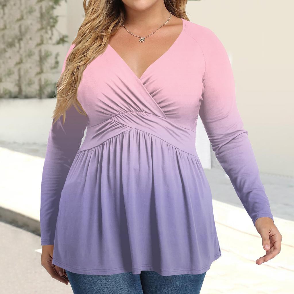 Women's Plus Size Shirt Long Sleeve  Print Top Pleated Casual V-Neck Top