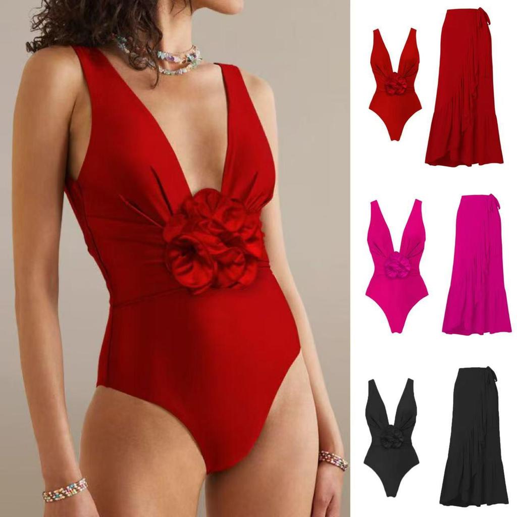 2025 European and American Sexy One-Piece Swimsuit with 3D Flowers and Tummy Control Mesh Skirt
