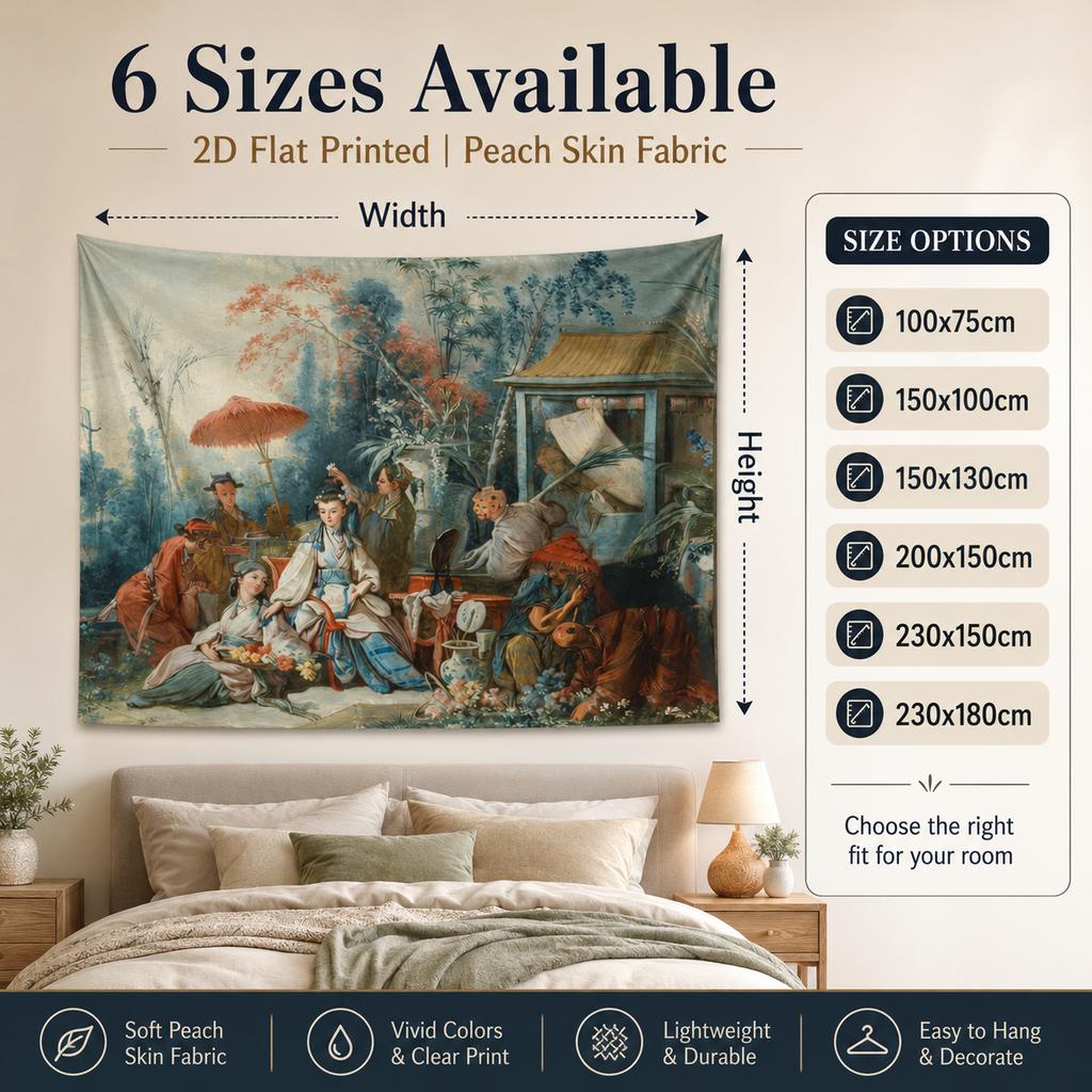 Arazzo da Parete Chinoiserie Vintage Stampa Piatta 2D Pelle di Pesca Appeso a Parete Paesaggio Classico Francese per Decorazione Soggiorno Camera da Letto