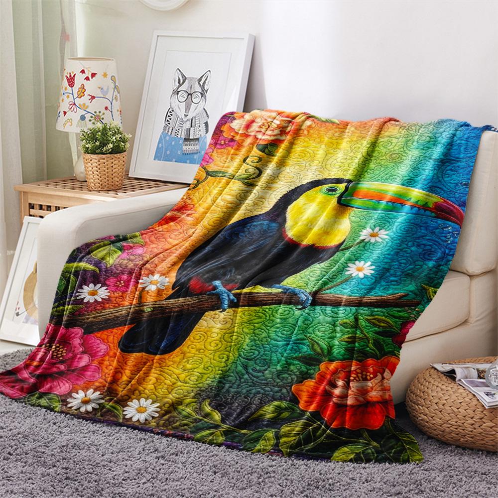 1PC Cartoon Toucan Decor Print FlAannel Blanket, High quality Comfortable for All Seasons, Home Decor, Warmth and Comfort