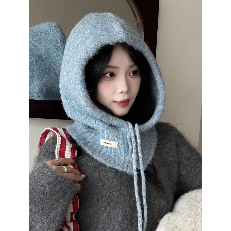 Korean Wool Balaclava Women's Autumn and Winter Windproof Warm Ear Protection Hat Scarf Integrated Knitted Woolen Hat