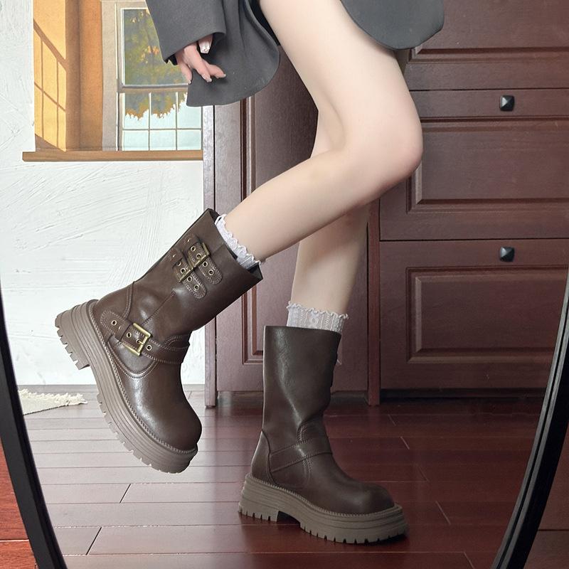 British Style Platform Belt Buckle Martin Boots Women's 2025 Autumn New Maillard Retro Versatile Heightening Locomotive Boots