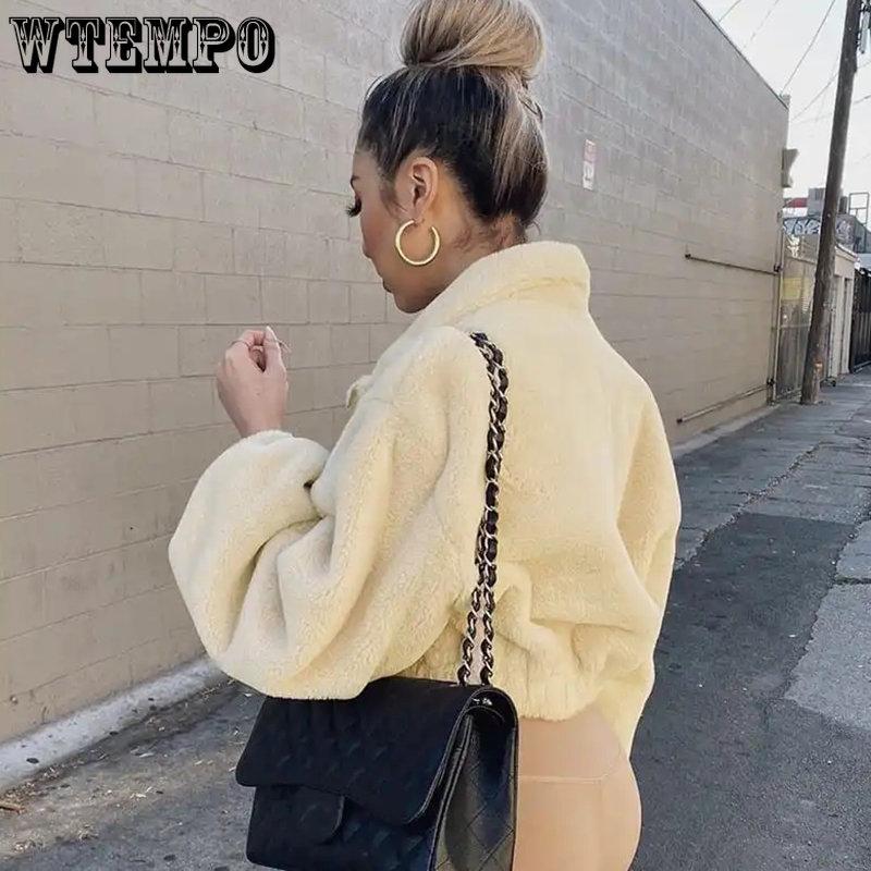 נשים קז'ואל רפוי חורף טופים קצרים צווארון גולף מלא שרוול ארוך רוכסן מעיל שחור לבן נשי מעילי פליז קצרים חמים