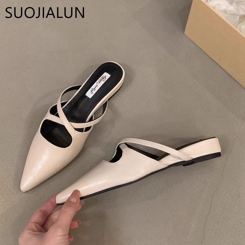Fashion SUOJIALUN 2024 Summer New Women Flat Shoes Fashion Pointed Toe Slip On Mules Shoes Soft Flat Heel Outdoor Vaction Ladies Sandals