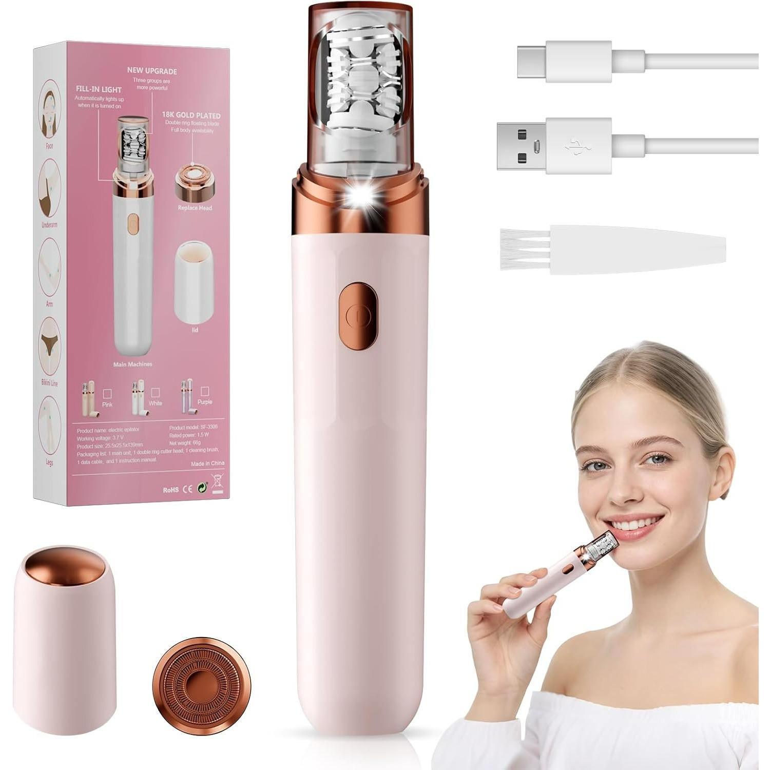 Women Face Epilator - 2 in 1 Painless Electric Facial Hair Remover with Built-in LED Light - USB-C Rechargeable Mini Hair Shaver - Portable Razor S