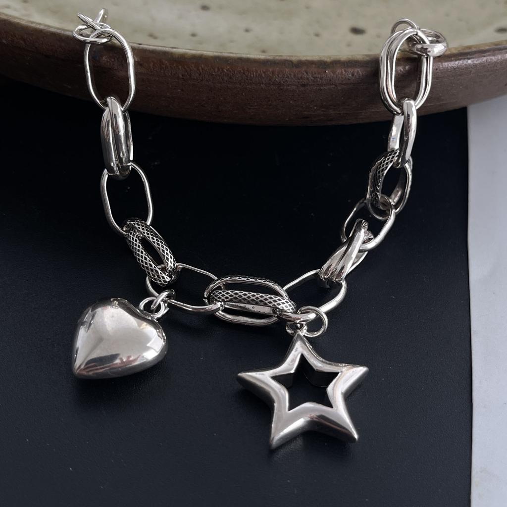 100% Solid 925 Sterling Silver Retro Bracelet for Women Men Vintage Handmade Heart Star Tassel Patern Bracelet Birthday Gift