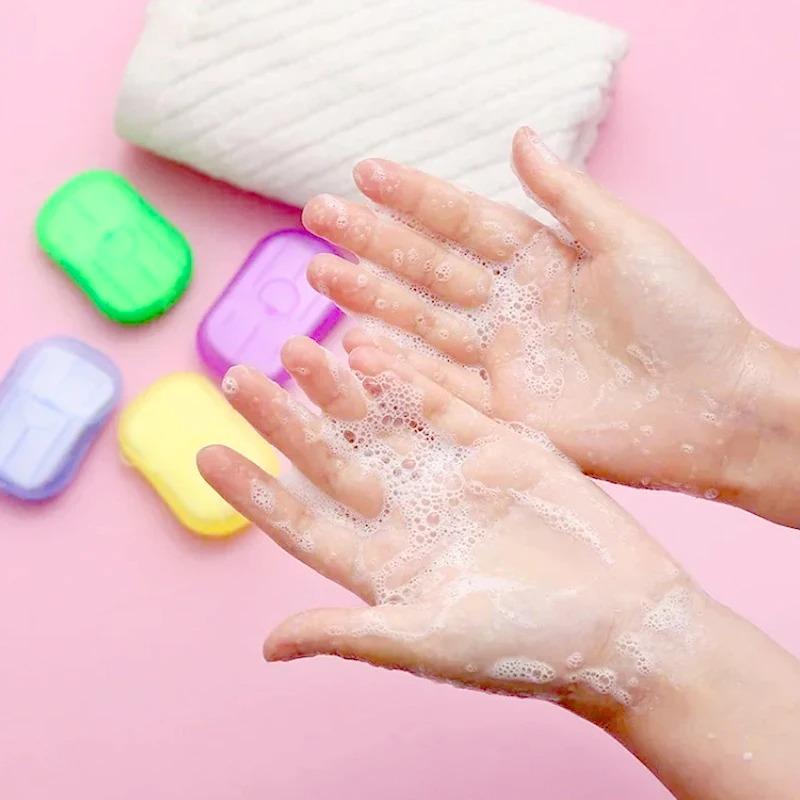 50Pcs Portable Non Installed Non Metallic Bathroom Soap Slices Box Hand Washing Clean Soap Paper Tablets Outdoor Camping Travel