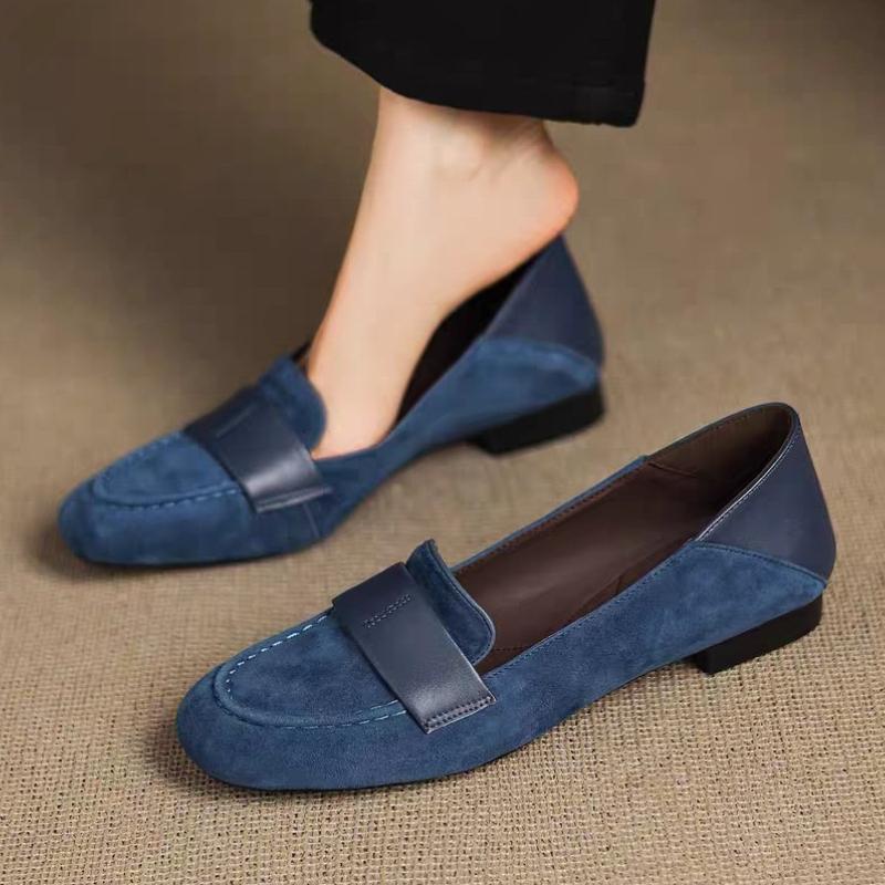 Retro Round Toe Faux Suede Low Heel Pumps Women Fashion Sewing Patchwork Design Loafers Elegant Comfort Commuting Office Shoes