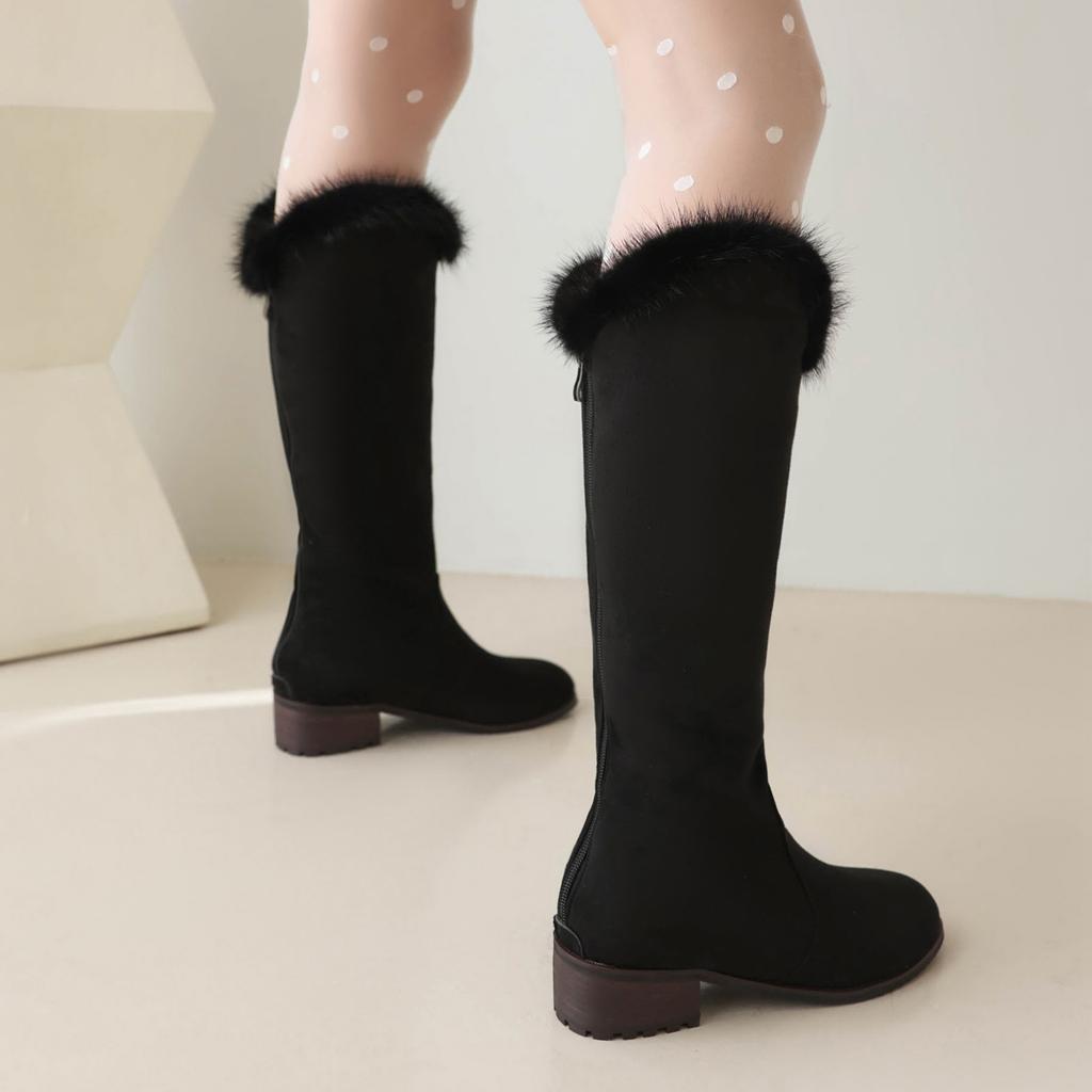 Women's low-heeled boots autumn and winter new thick-heeled large-size warm plush medium boots