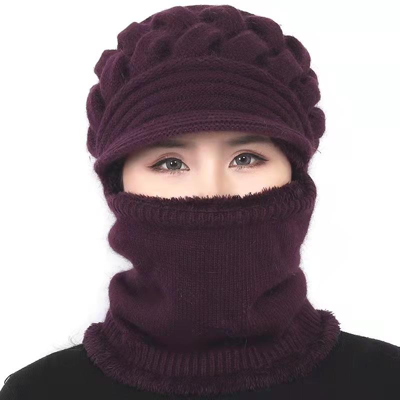 Wool Knitted Hat For Women Double Layers Protection Caps Coral Fleece Winter Hat Beanies Women's Hat Scarf Warm Breathable