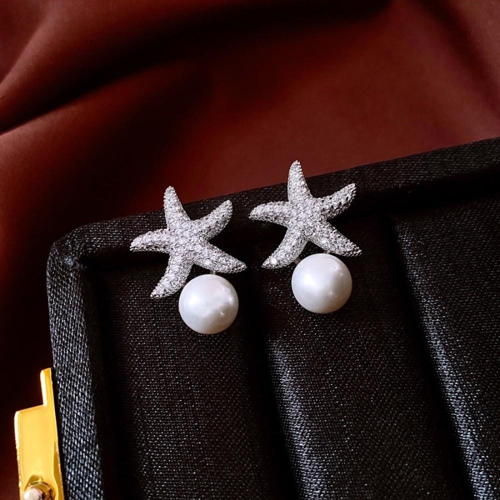 Crystal Starfish Pearl Stud Earrings Ocean Style Starfish Starfish Ear Studs  Women