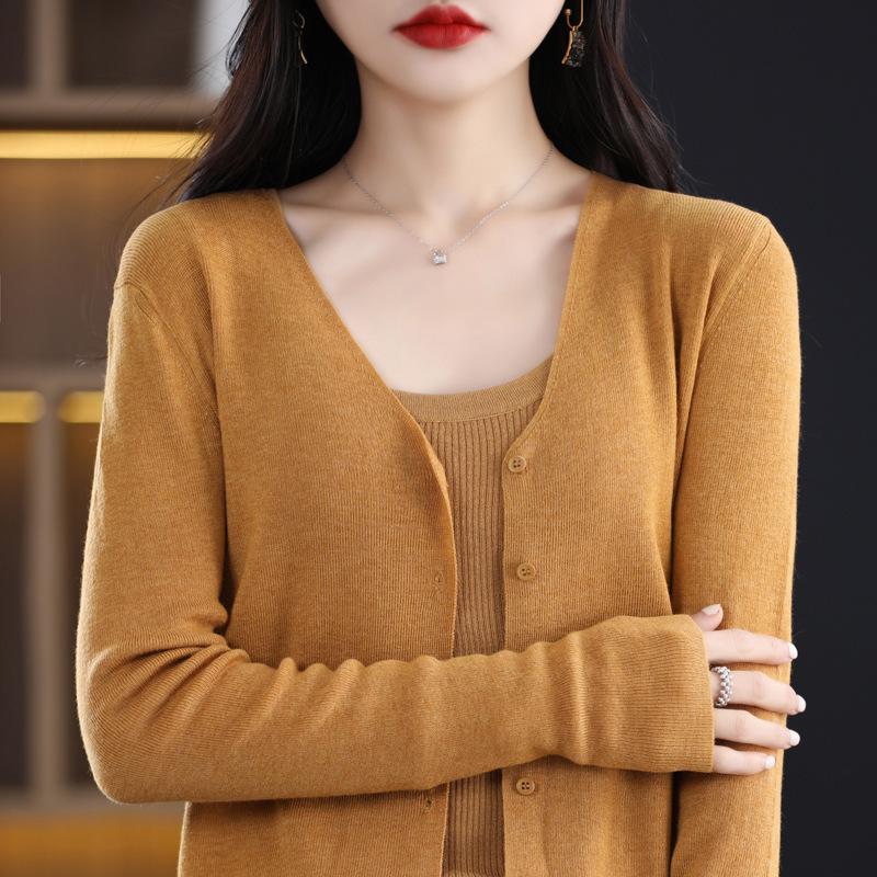 Women's 100% Pure Wool V-Neck Cardigan - Solid Color, Button-Up, Loose Fit Knitwear