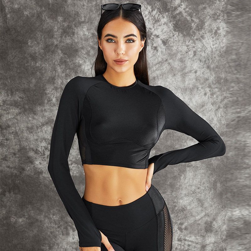 

Zasuwa European and American Sexy Style Women s Bronzing Long Sleeves Tops High Waist Hip Lift Mesh Yoga Leggings Suit Optional Black Top S
