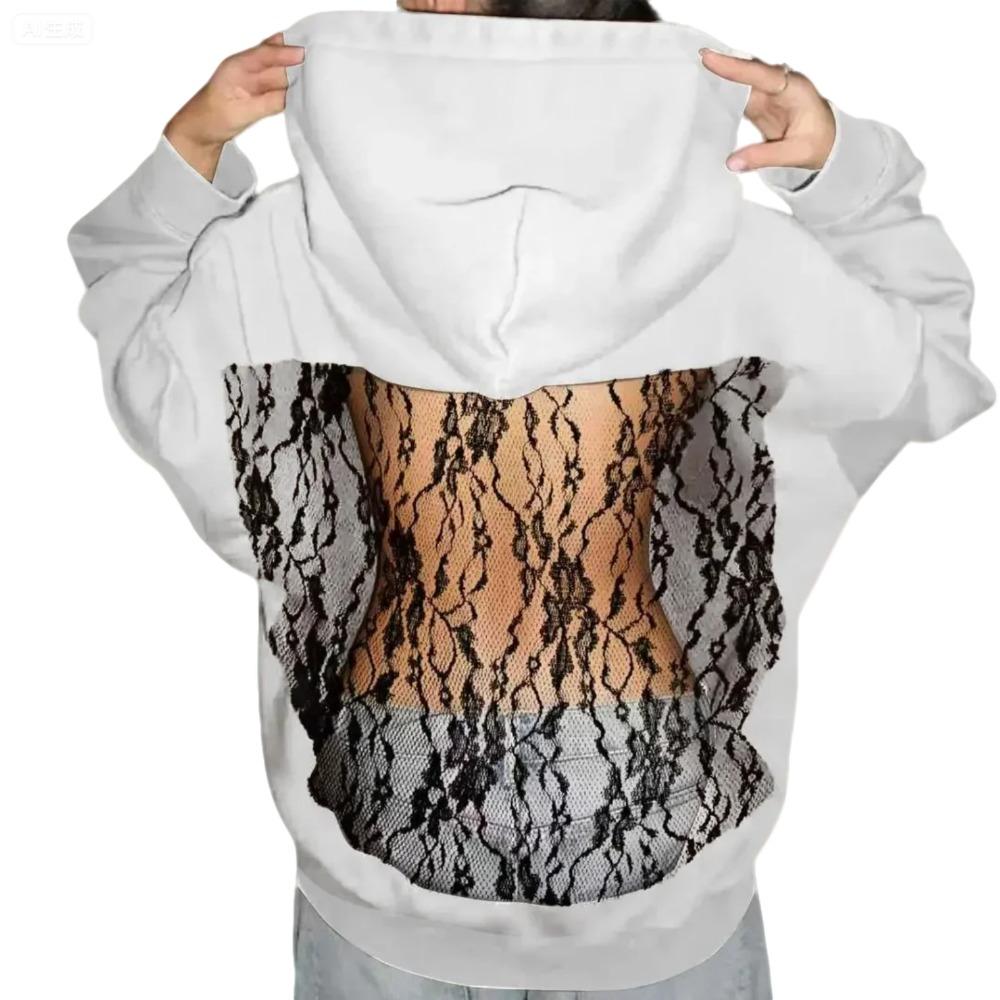 Dámská jednobarevná módní mikina s kapucí s dlouhým rukávem a odhalenými zády z duté síťoviny