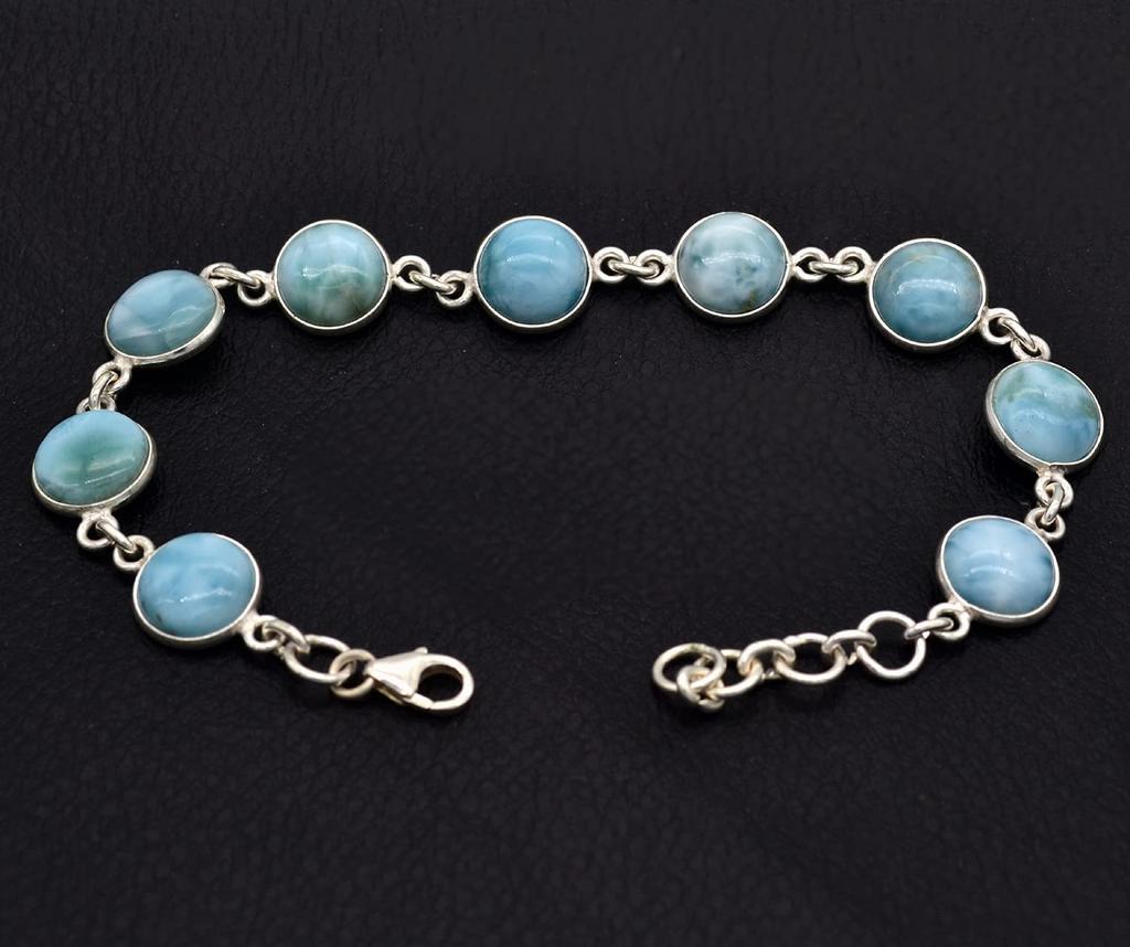 925 Sterling Silver Larimar Bracelet Sky Blue Color Round Cabochon Shape Natural Larimar Link Bracelet Gift for Women