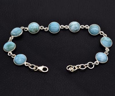 925 Sterling Silver Larimar Bransoletka Błękitny Kolor Okrągły Cabochon Kształt Naturalne Larimar Link Bransoletka Prezent dla Kobiet