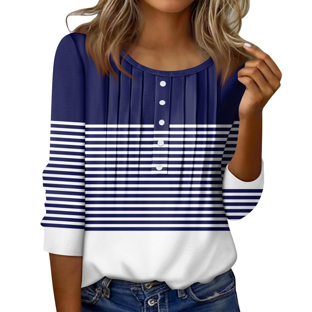 Women's Round Neck Pull Stripe Decorative Button Top Casual Solid Color 3/4 Sleeve T Shirt