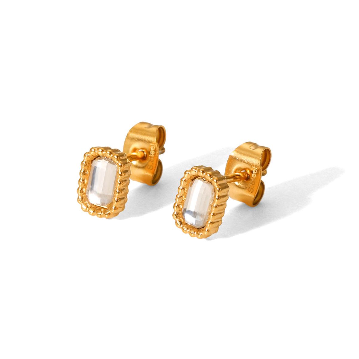 Fashionable versatile white zircon inlaid square stud earrings, French minimalist non-fading titanium steel ear jewelry