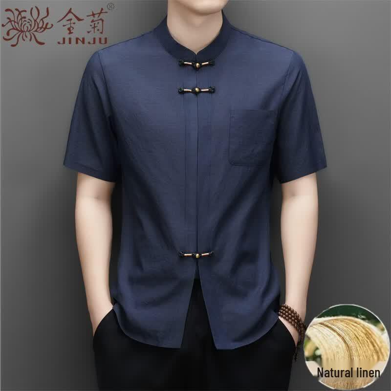 Men s Chinese Style Linen Blend Short-Sleeve Shirt 185