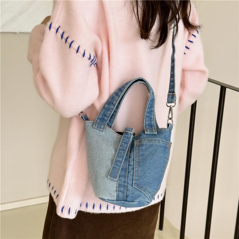 Borsa Secchiello in Denim Vintage per Bambini e Donne Borsa a Tracolla Casual di Design