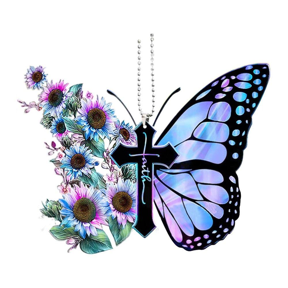 1Pc Butterfly Cross Hanging Decoration For Car Sunflower Butterfly Car Charm Rear View Mirror Accessories Car Interior Pendant