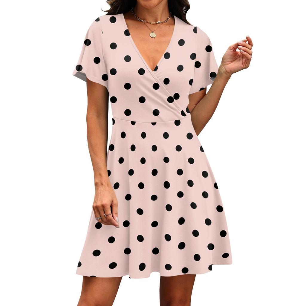 Robe d'été décontractée pour femme, col en V, manches courtes, imprimé à pois, style portefeuille, longueur au-dessus du genou