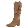Cowhide version retro western boots women's 2025 new autumn thick-soled knee-length boots pointed tassel stacking boots