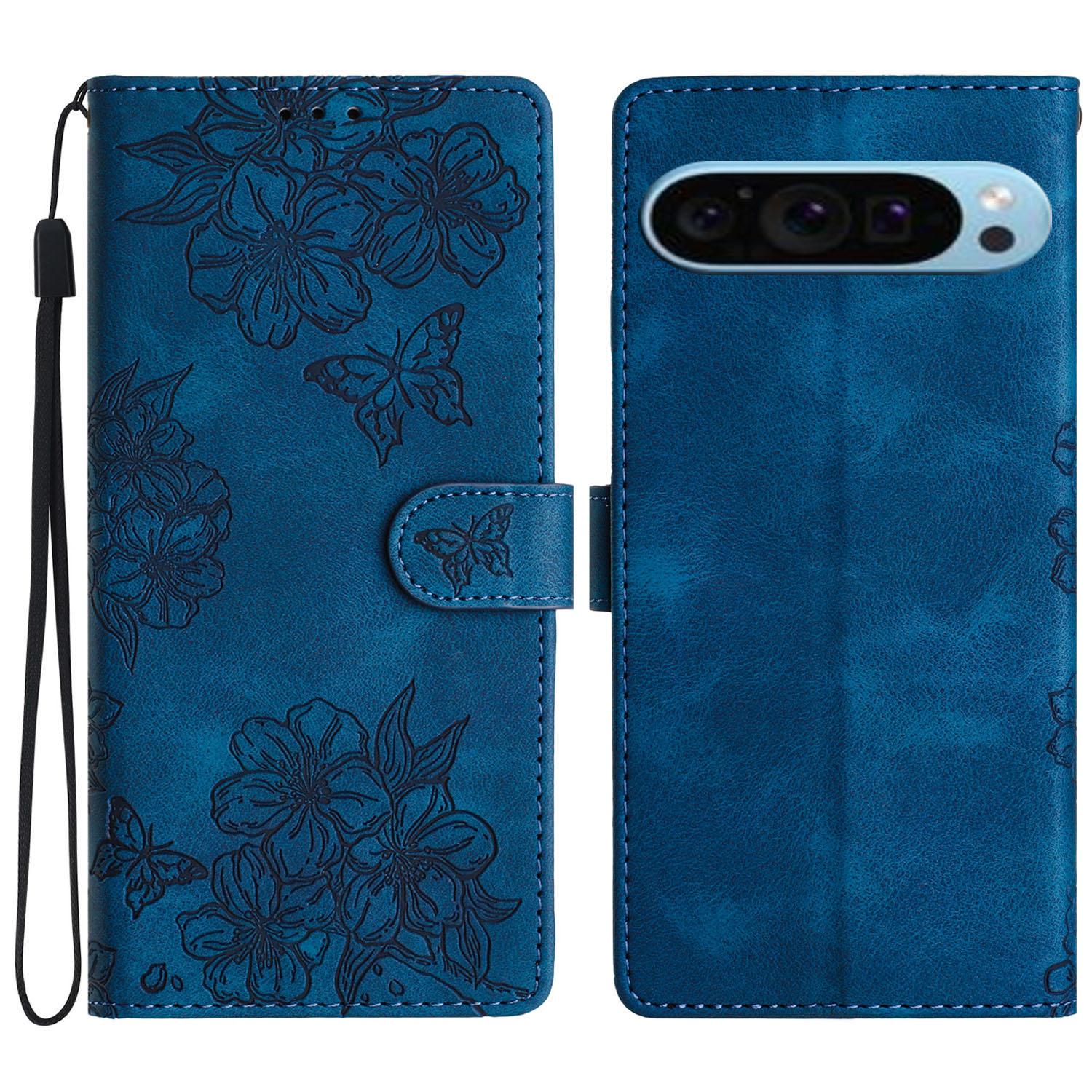 

For Google Pixel 9 Case Butterfly Flower Design Skin-Touch Leather Wallet Phone Cover Blue