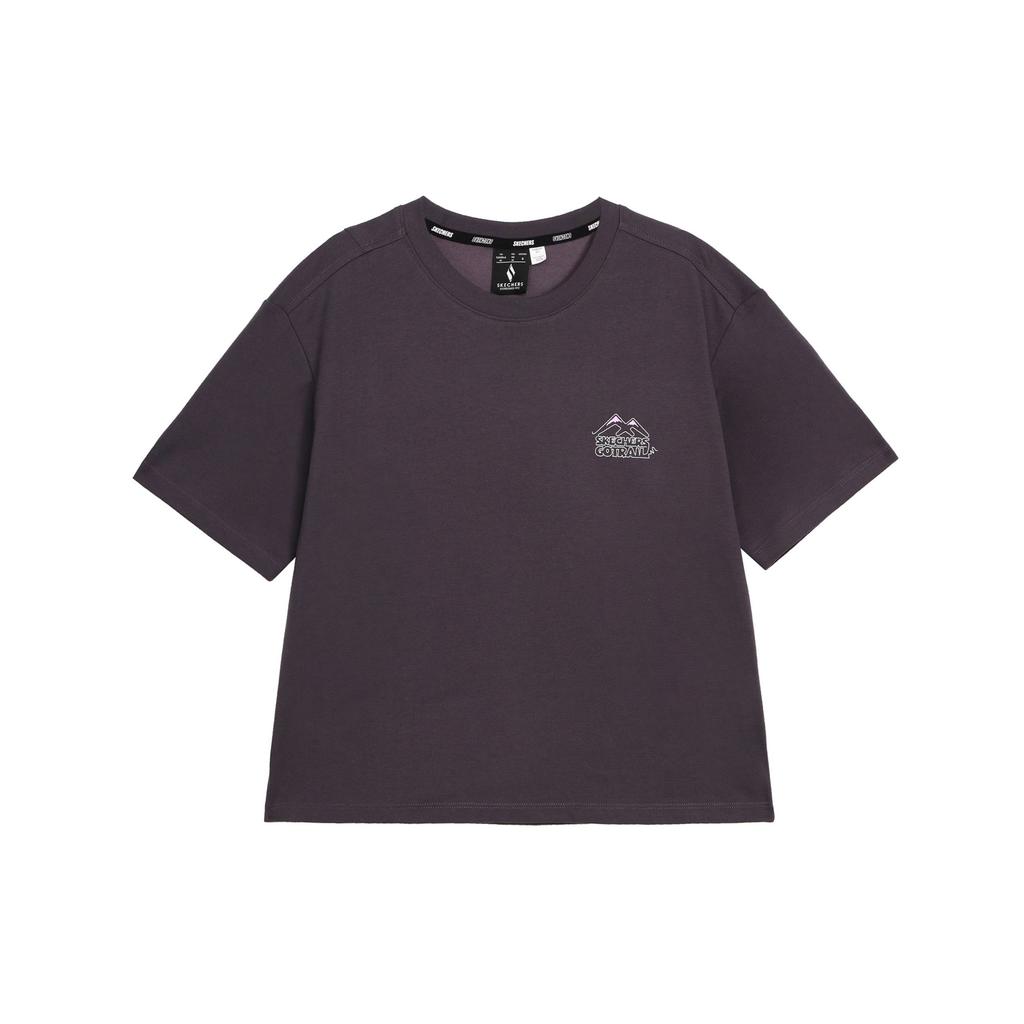 Skechers Round Neck Breathable Moisture-Wicking Quick-Dry Casual Sports Short Sleeve Drop Shoulder T-Shirt Women Tops Periscope-Gray L224W005-0403