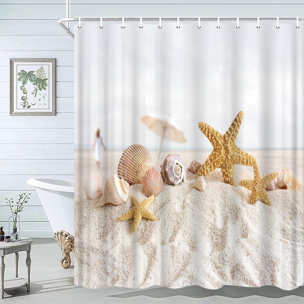 Starfish Beach Bath Shower Curtain Shells Rustic Wooden Planks Palm Trees Natural Landscape Printed Bath Curtains Bathroom Decor