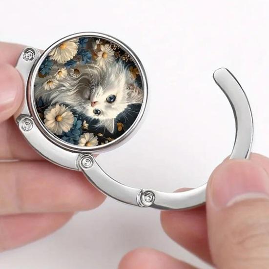 Portable Desk Edge Hook Foldable Purse Hook Cute Cat Pattern Alloy Bag Hook Table Edge Bag Holder for Travel Work Parties Office Desk