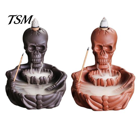 Meditation Tea Room Accessories Skeleton Incense Burner, Backflow Waterfall Cone Holder, Gothic Skull Creative Smoke Stick Holder for Halloween