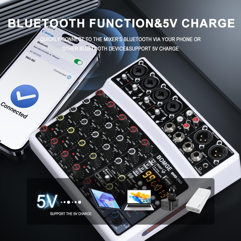 BOMGE DJ Audio Mixer with 48V Phantom 5V Power and 99 DSP Echo Effects for Live and Podcasts 6-Channel MP3, USB, Bluetooth, Power, Supply,
