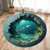 3D Underwater World Round Carpet Broken Floor Design with Sharks Printing Non-Slip Durable Rug, Stunning Visual Effect Fashion