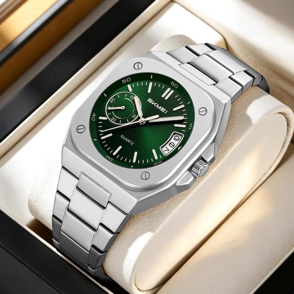 Mens Analog Quartz Wrist Watch Waterproof Luminous Dial Calendar Window Steel Band Square Dress Watches