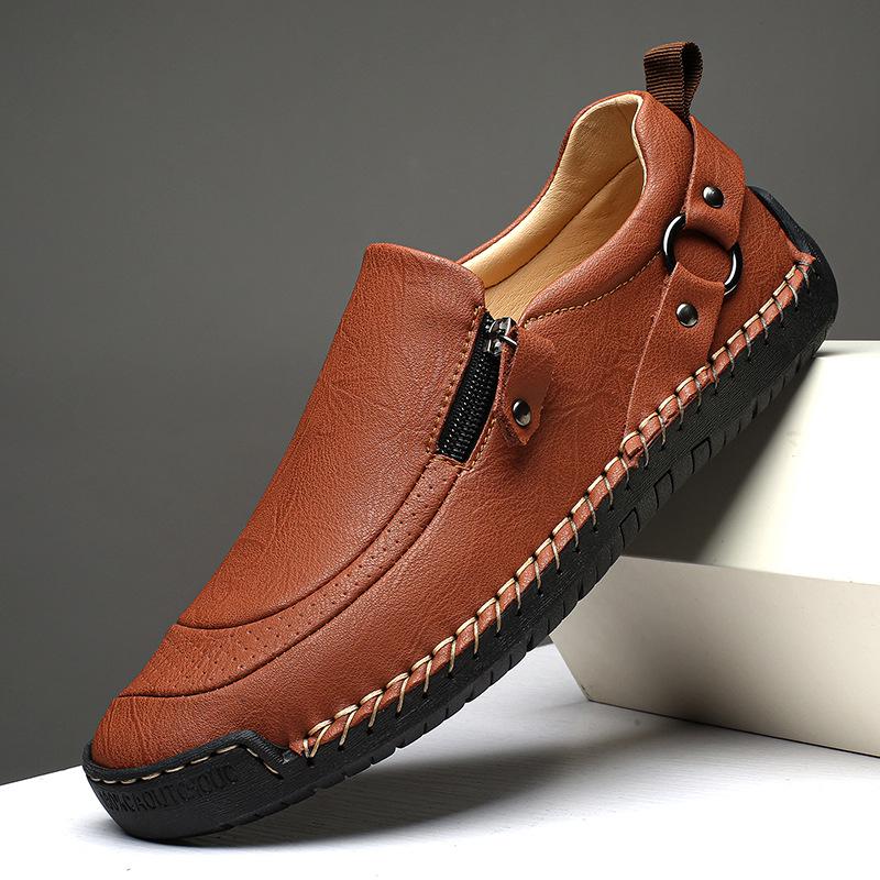 Men's Autumn Casual Leather Slip-On Shoes, Large Size, Soft Sole, Non-Slip, Hand-Stitched, Side Zipper