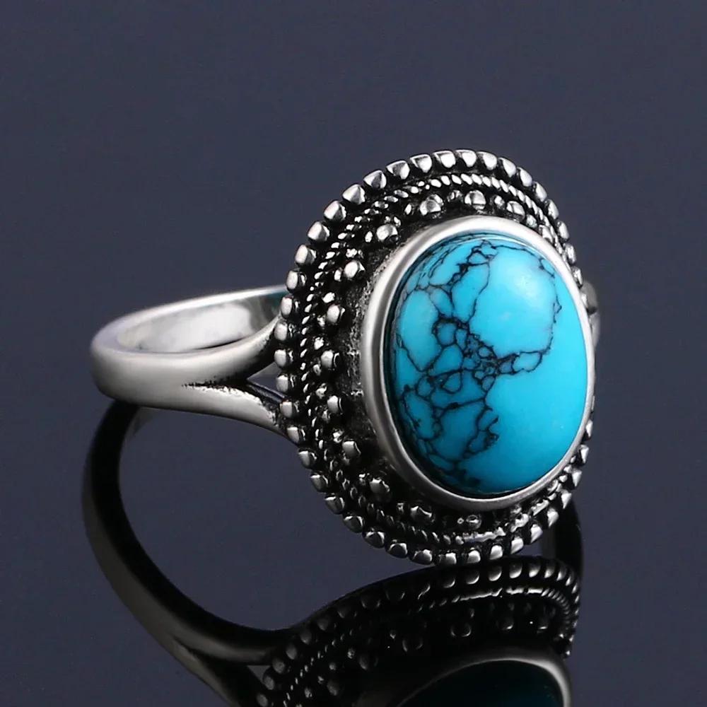 S925 Silver Vintage Ring With Natural Turquoise Stone Rings Oval and Round Shape Flower Carved Rings For Women Men