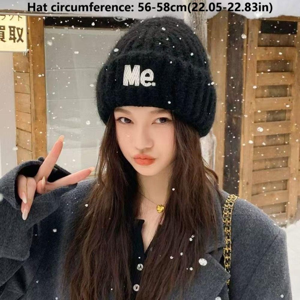 Embroidered Letters Winter Beanie Hat Solid Color Warm Hat Stylish Pullover Hat  For Women