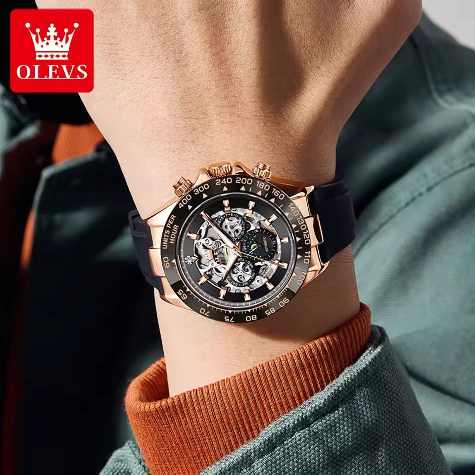 OLEVS 6713 New Automatic Mechanical Men's Watch Silicone Band Luminous Calendar Week Hollow Out 30M Waterproof Business Watches