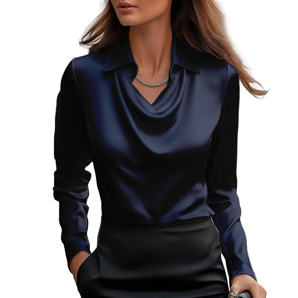 Satin Dameskjorte Vintage Langermet Bluse Silke Elegant Dames Topper Pendling Hvit Skjorte Høst Dameklær