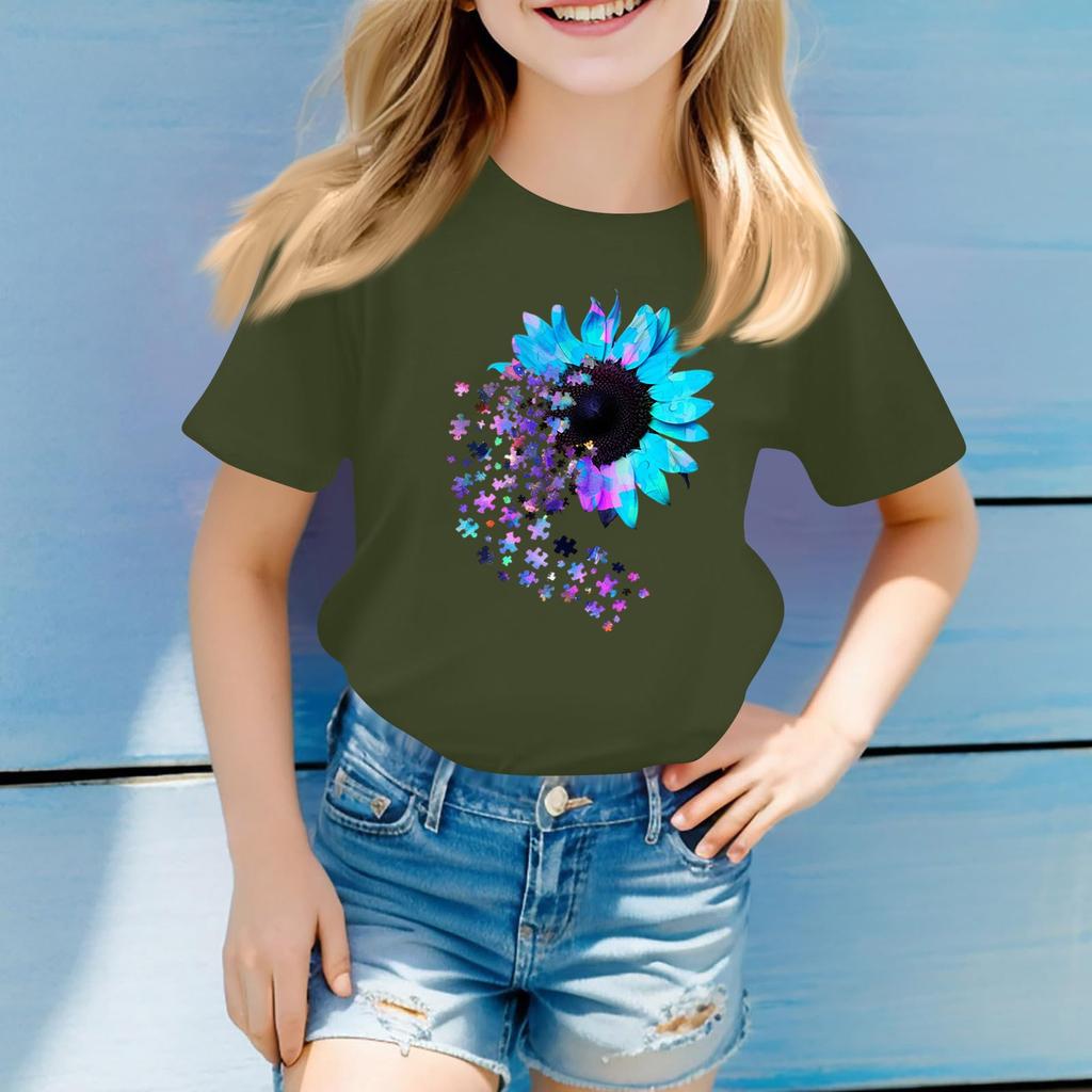 Children's Round Neck Casual Floral Small Print Short Sleeve T-shirt Top