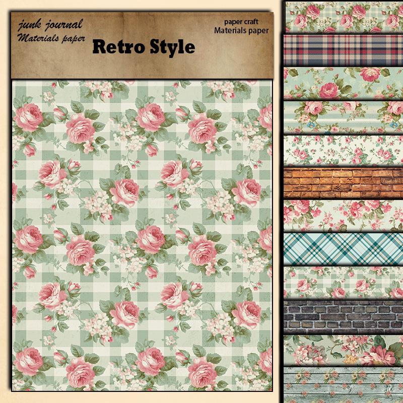 Коллажные наклейки для журнала  Цветочные и клетчатые  - 12 листов