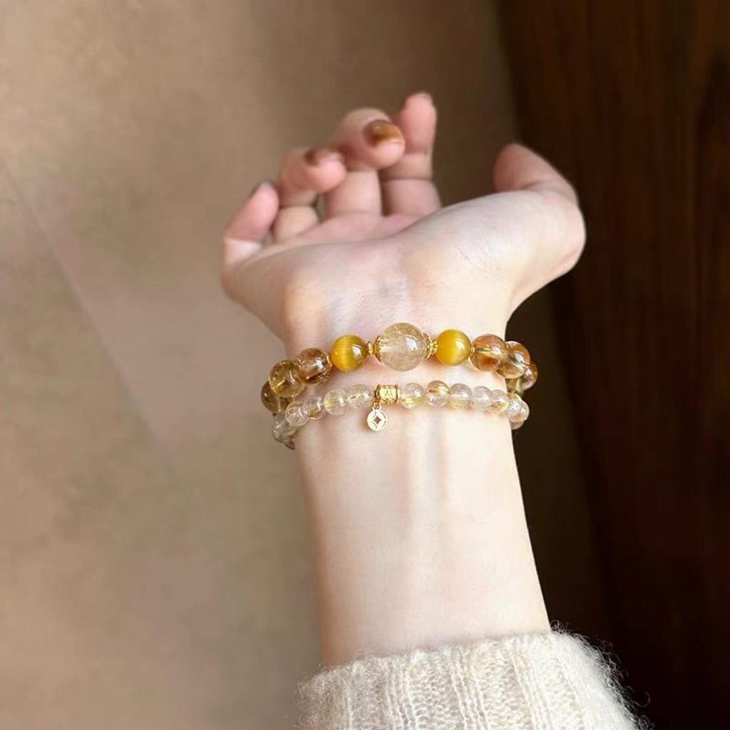 Ladies Stackable 2-Piece Bracelet Citrine / Yellow Tiger Eye Geometric Constellation Electroplated Fresh Travel Gift