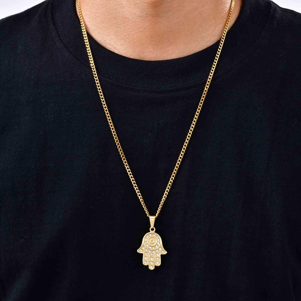 The Hand of Fatima Zircon Necklace for Men,Gold Color Evil Eye Stainless Steel Pendant,Turkish Jewelry Gift