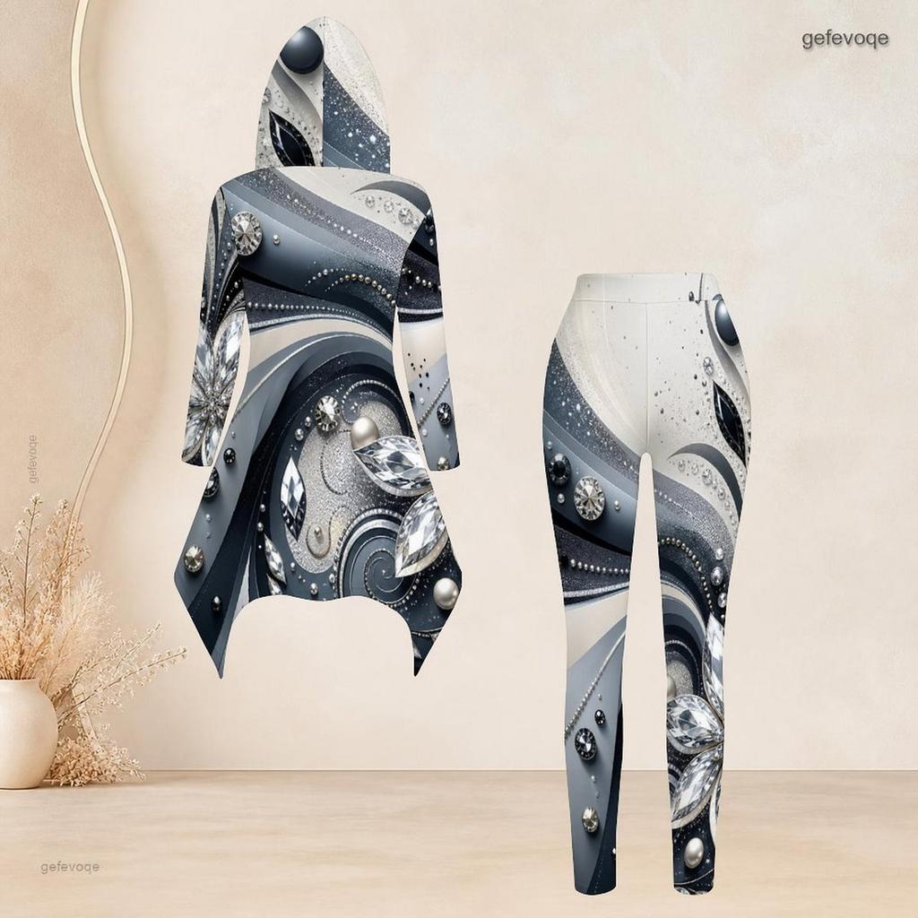 Women Plus Size Gray White Black Printed Hooded Long Sleeve High Low Top Fitted Pants Two Piece Set